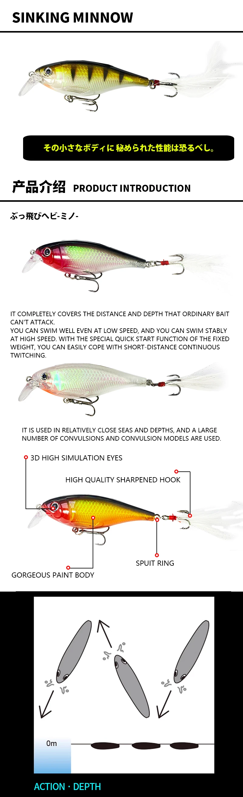 Crankbait hundible con plumas y acabado realista