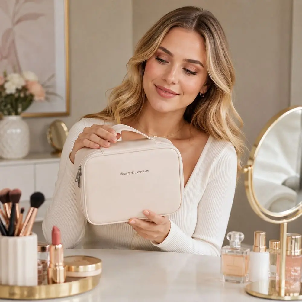 Bolsa de cosméticos impermeable doble capa con cierre y gran capacidad - imagen 3
