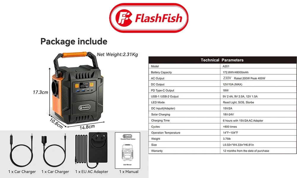 Vista frontal de la FF Flashfish A201 con panel solar desplegado