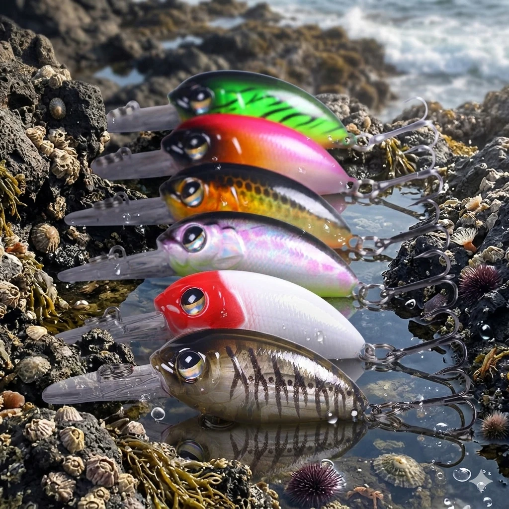 Set de 6 señuelos crankbait con distintos colores y acabados