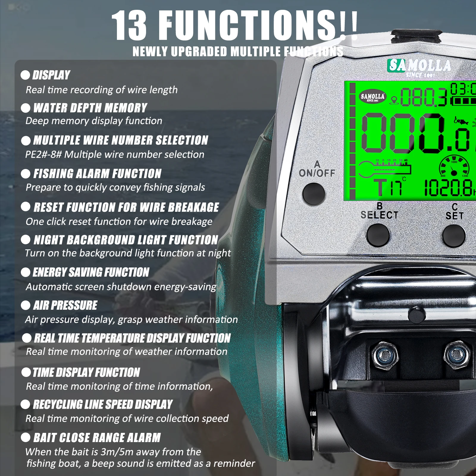 SAMOLLA Carrete de pesca eléctrico baitcasting para barco con USB - imagen 3