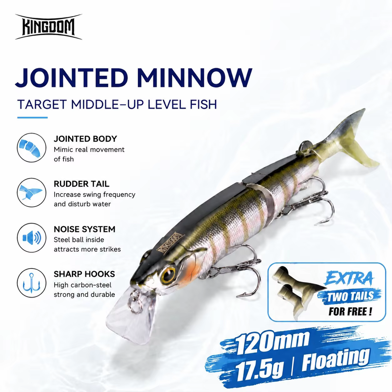 Kingdom Jerkbait Flotante Multiarticulado Trucha Minnow de Superficie