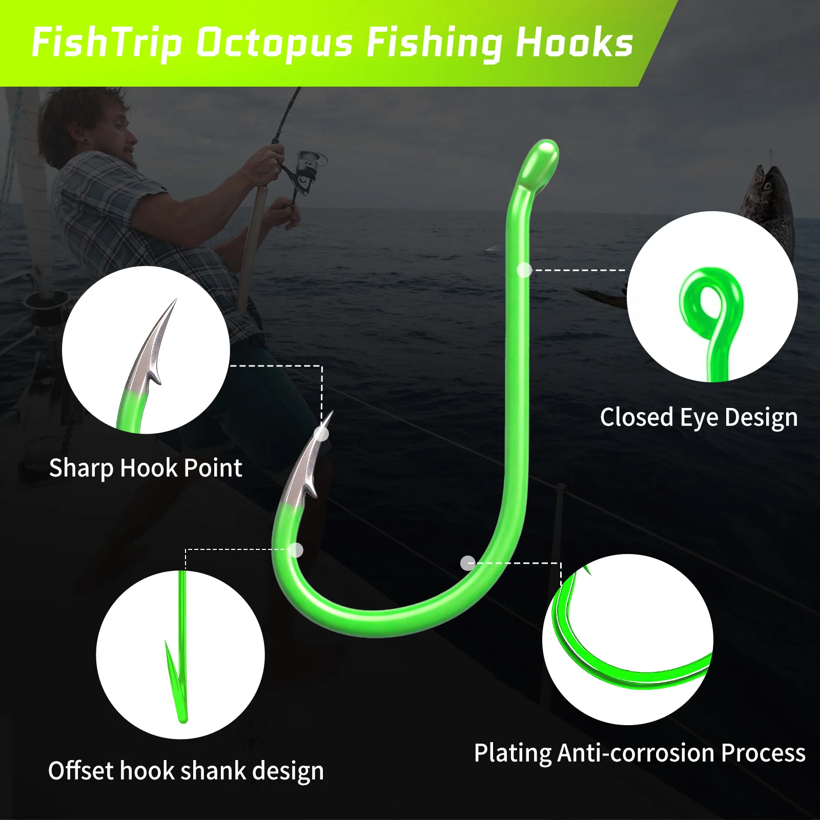 FishTrip Anzuelos de Pulpo Fluorescentes Verde con Punta Offset - imagen 2