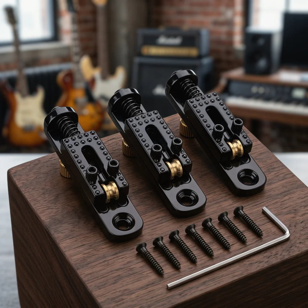 Puente de guitarra eléctrica de metal negro con tornillos y llave - imagen 2