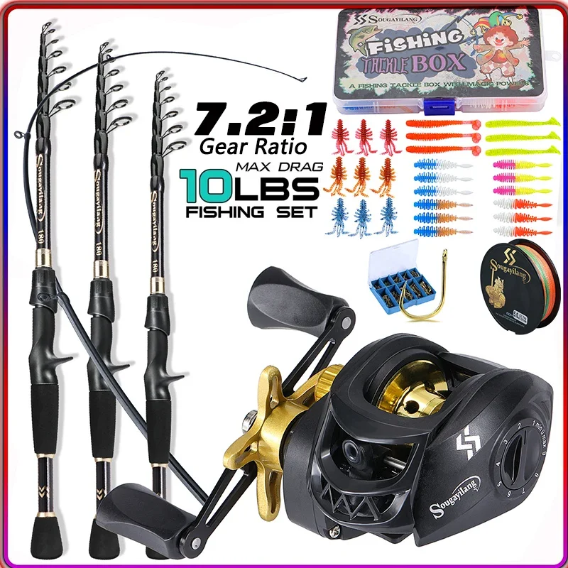 Sougayilang Combo Caña Telescópica de Carbono + Carrete Baitcasting