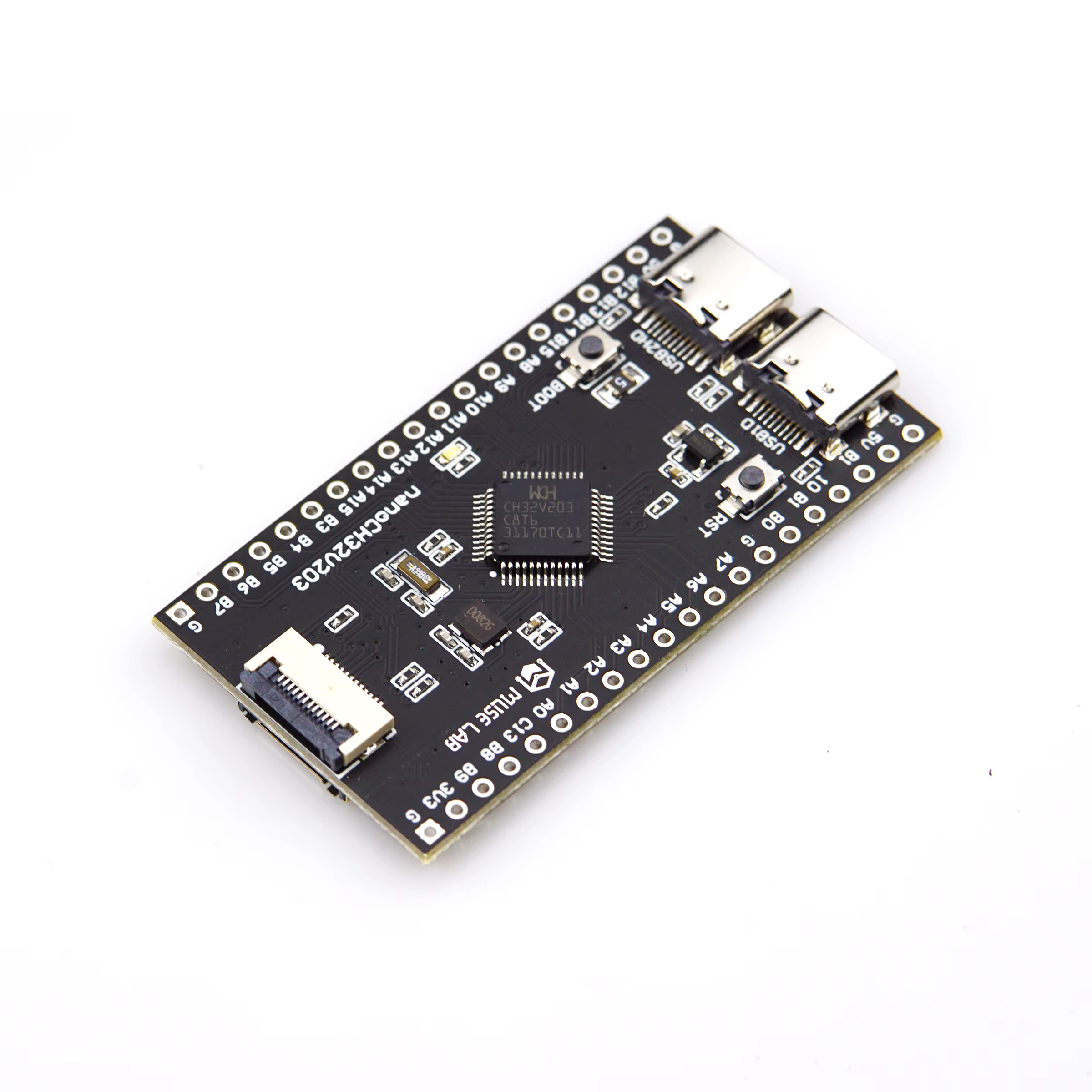 Placa de desarrollo nanoCH32V203 con puertos USB TYPE-C duales y conectores expuestos