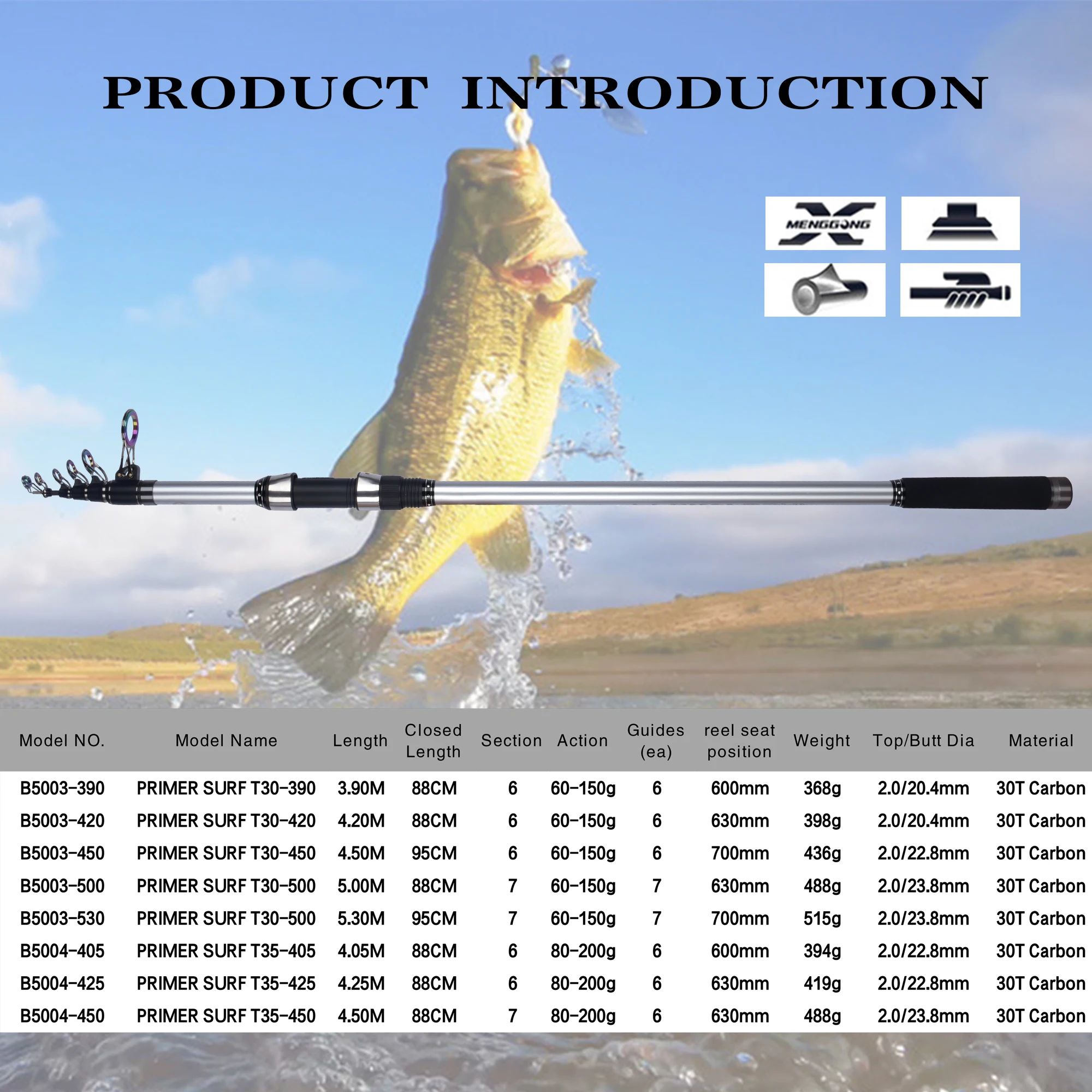 Caña Telescópica Surfcasting Biutifu 5,3m 60-150g - imagen 3