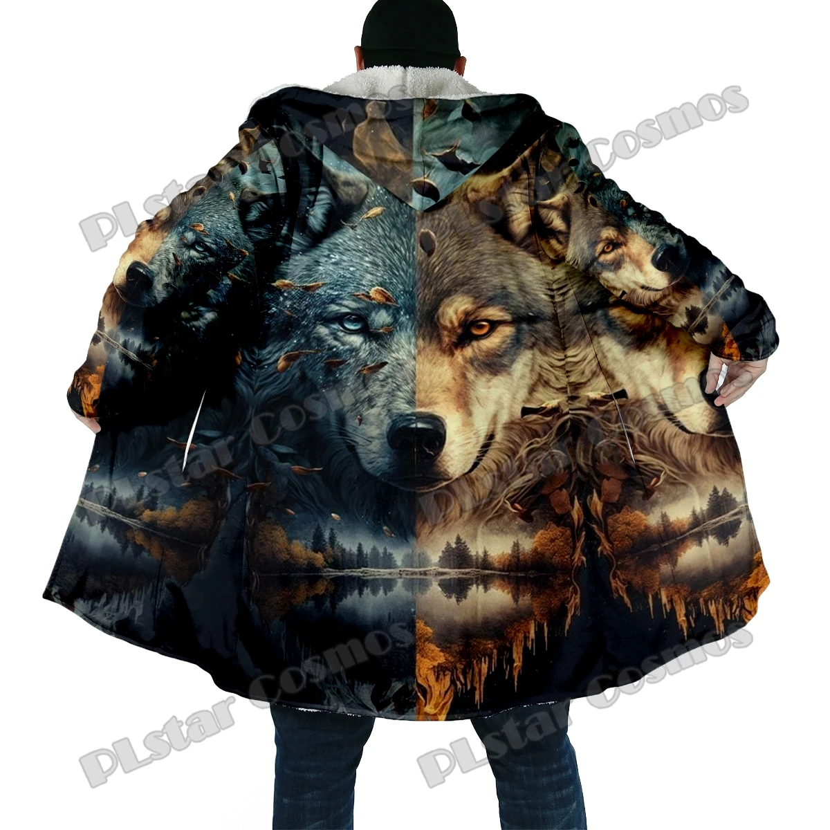 Capa de lana con capucha gruesa estampado 3D lobo y luna