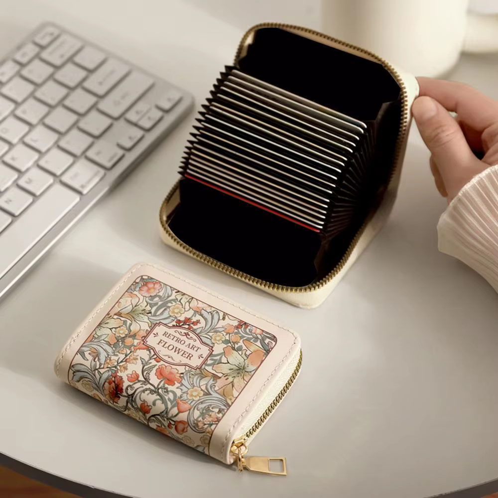 Cartera de mujer de cuero PU floral de gran capacidad para tarjetas