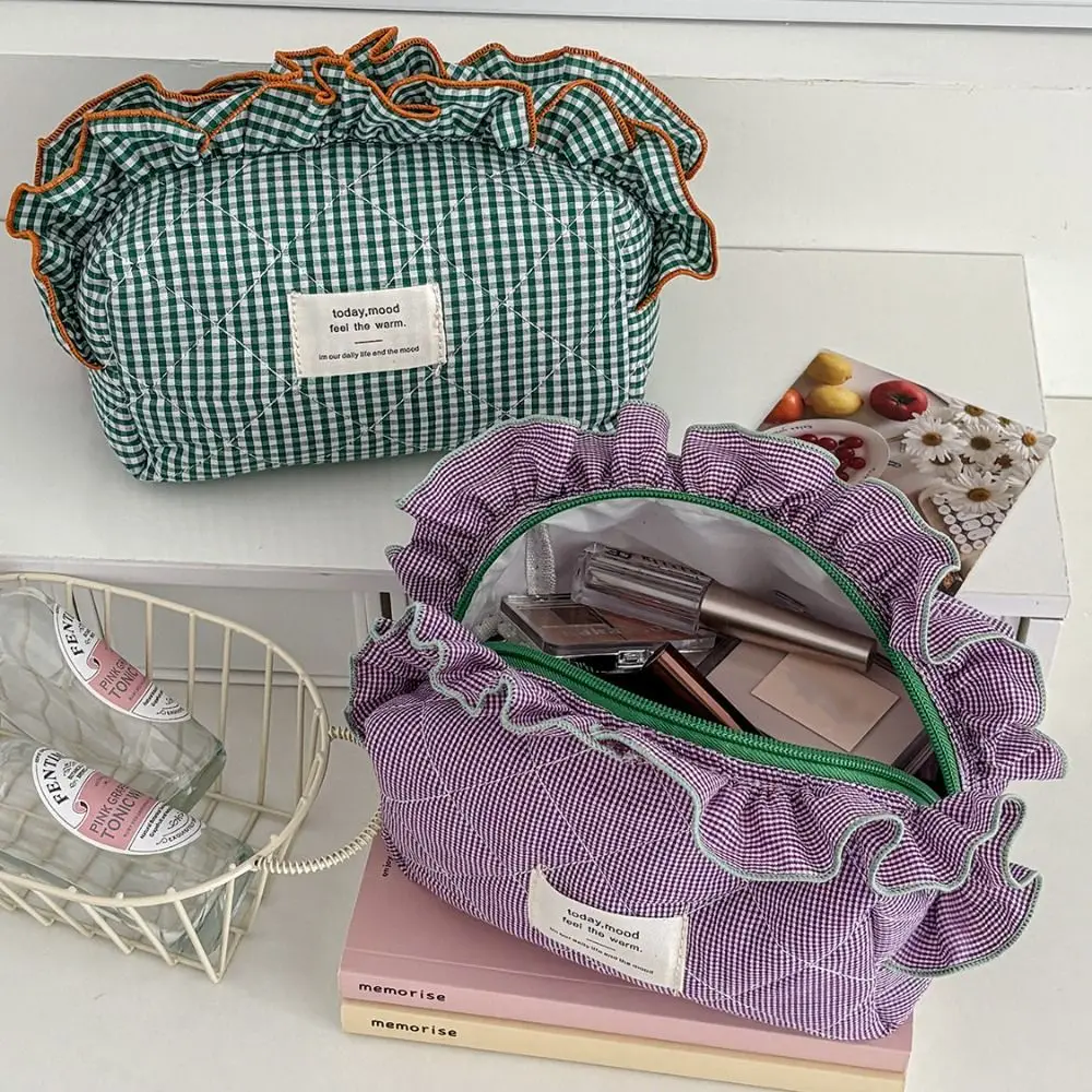 Bolsa de Maquillaje Vintage de Cuadros con Organizador y Volantes - imagen 4