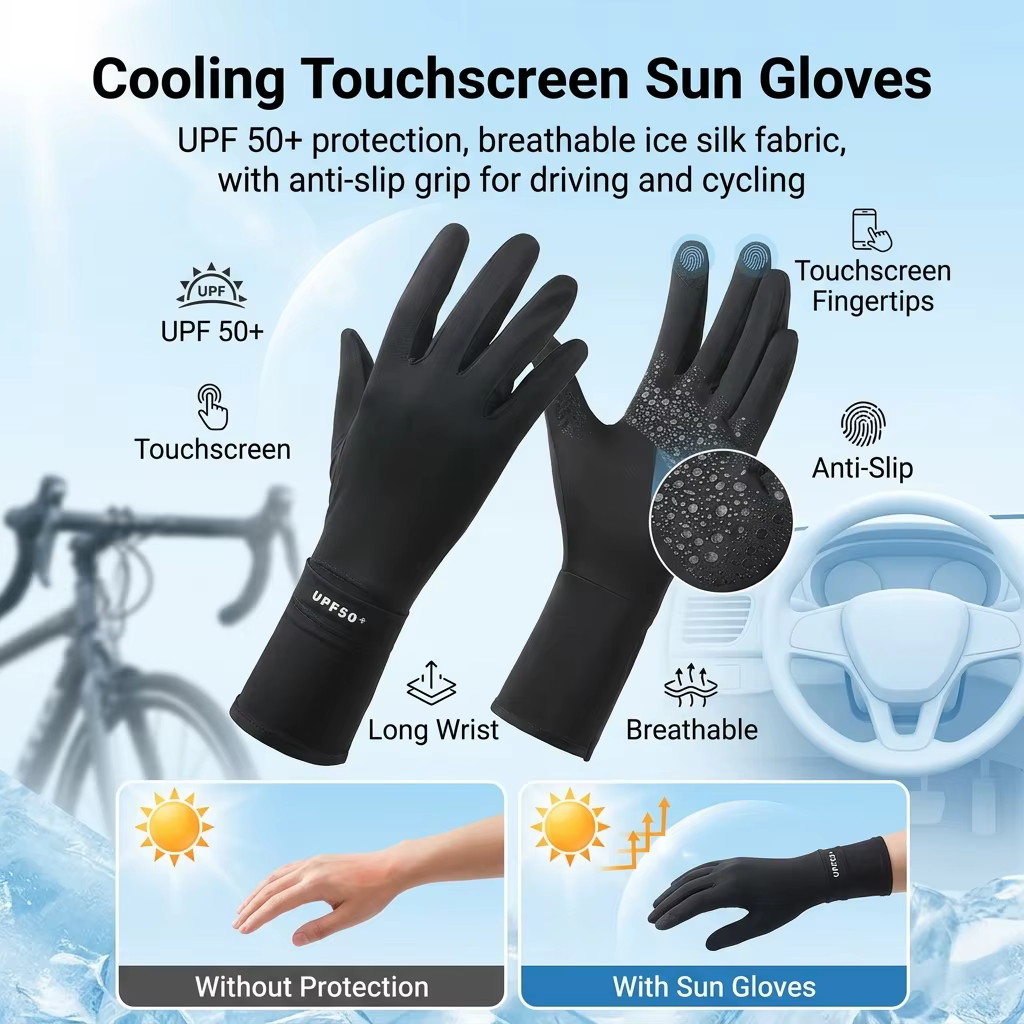 Guantes de ciclismo extendidos mostrando protección solar completa