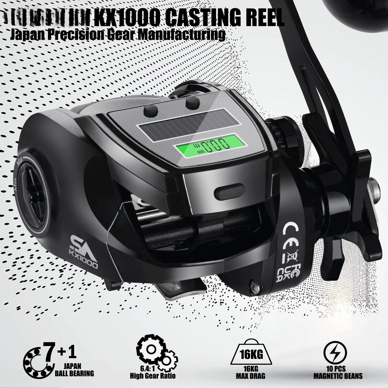 Vista frontal del carrete de pesca con diseño ennegrecido y base metálica