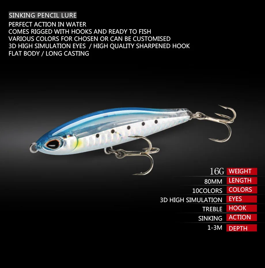 Señuelo lápiz de hundimiento lento 80mm 16g para trolling en agua salada