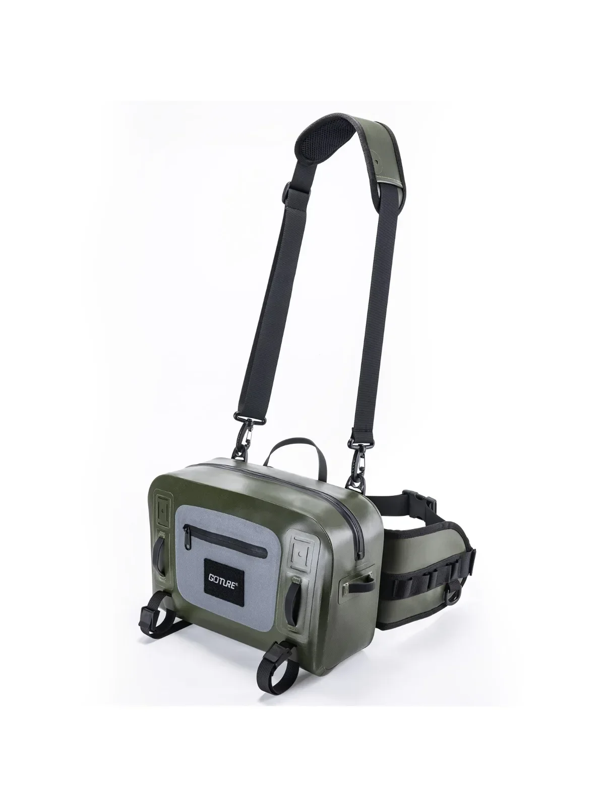 Vista frontal de la riñonera Goture impermeable IPX8 para pesca con mosca