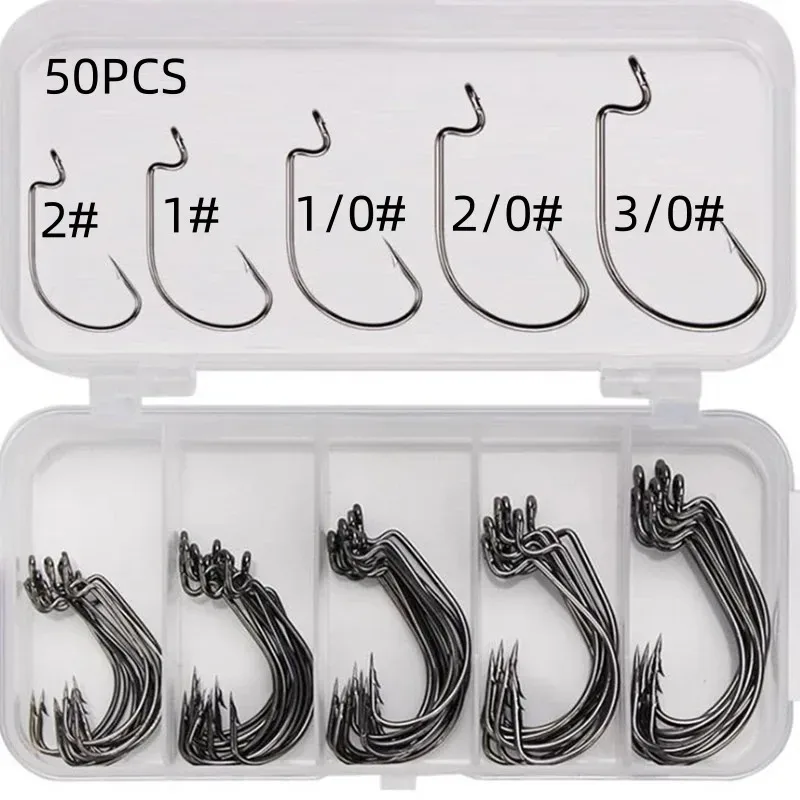 Caja con 50 anzuelos jig offset de acero inoxidable