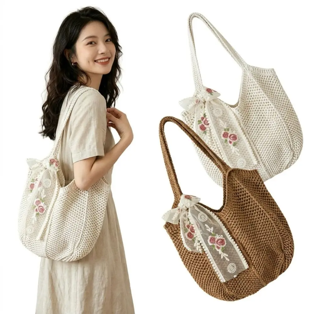 Bolso de ganchillo bohemio de gran capacidad, ligero, con lazo - imagen 5