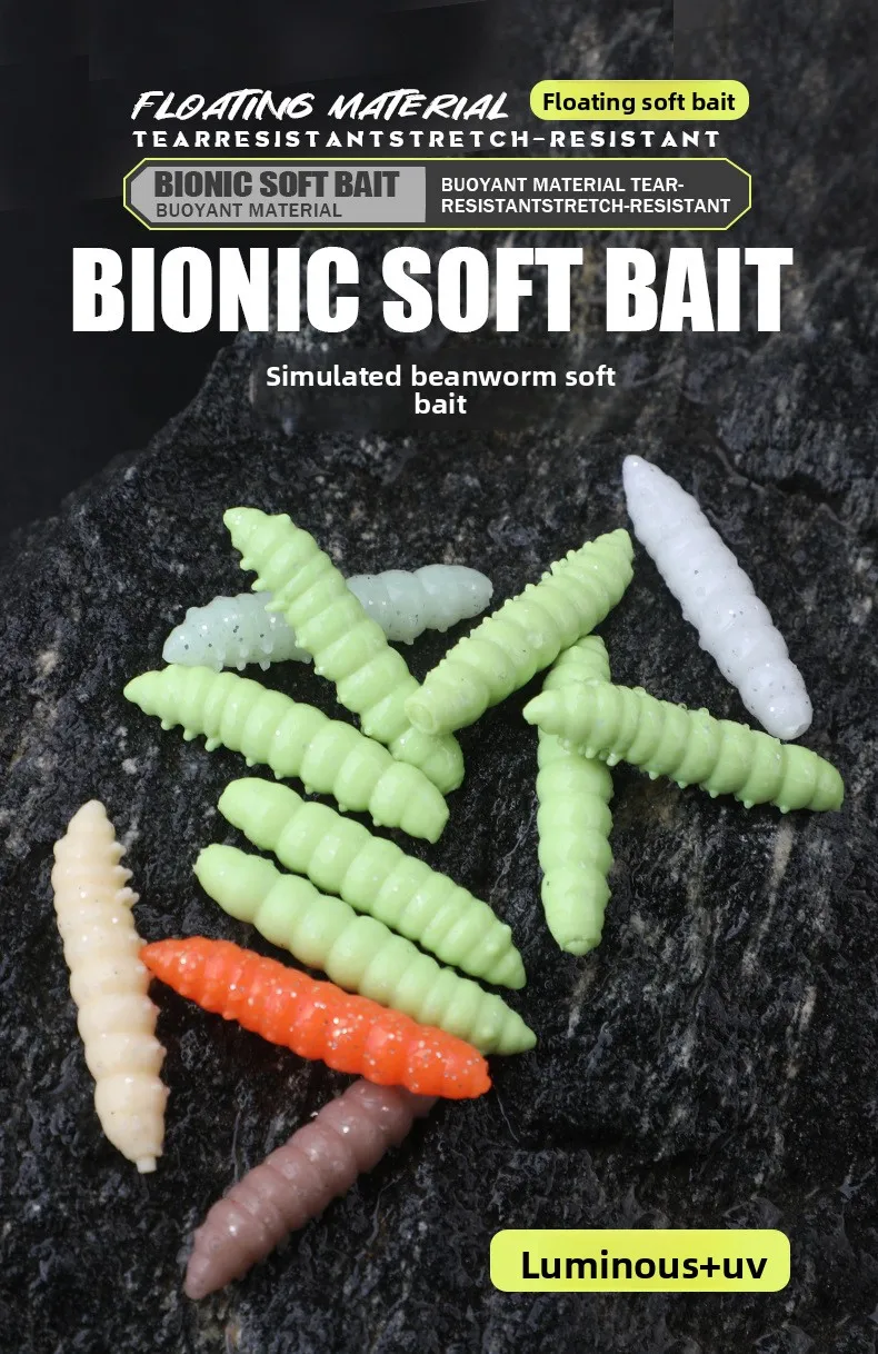 Señuelos blandos luminosos tipo larva en caja