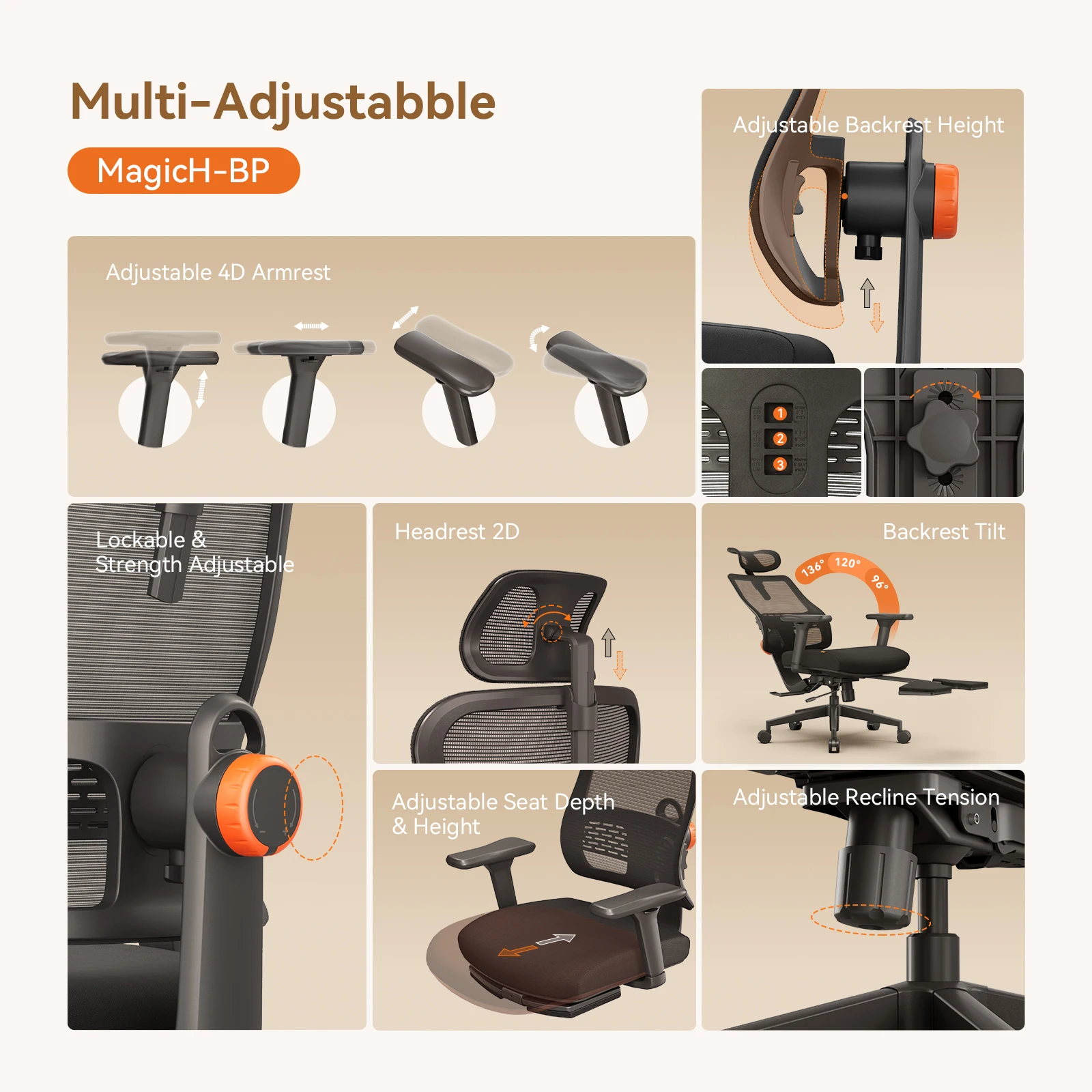 Silla ergonómica con reposapiés y soporte lumbar MagicH-BP - imagen 4