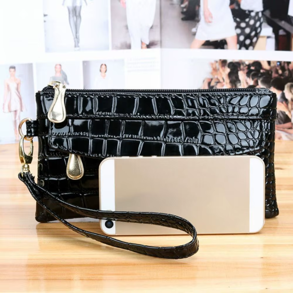 Cartera larga cuero mujer con estampado cocodrilo y doble cremallera - imagen 2