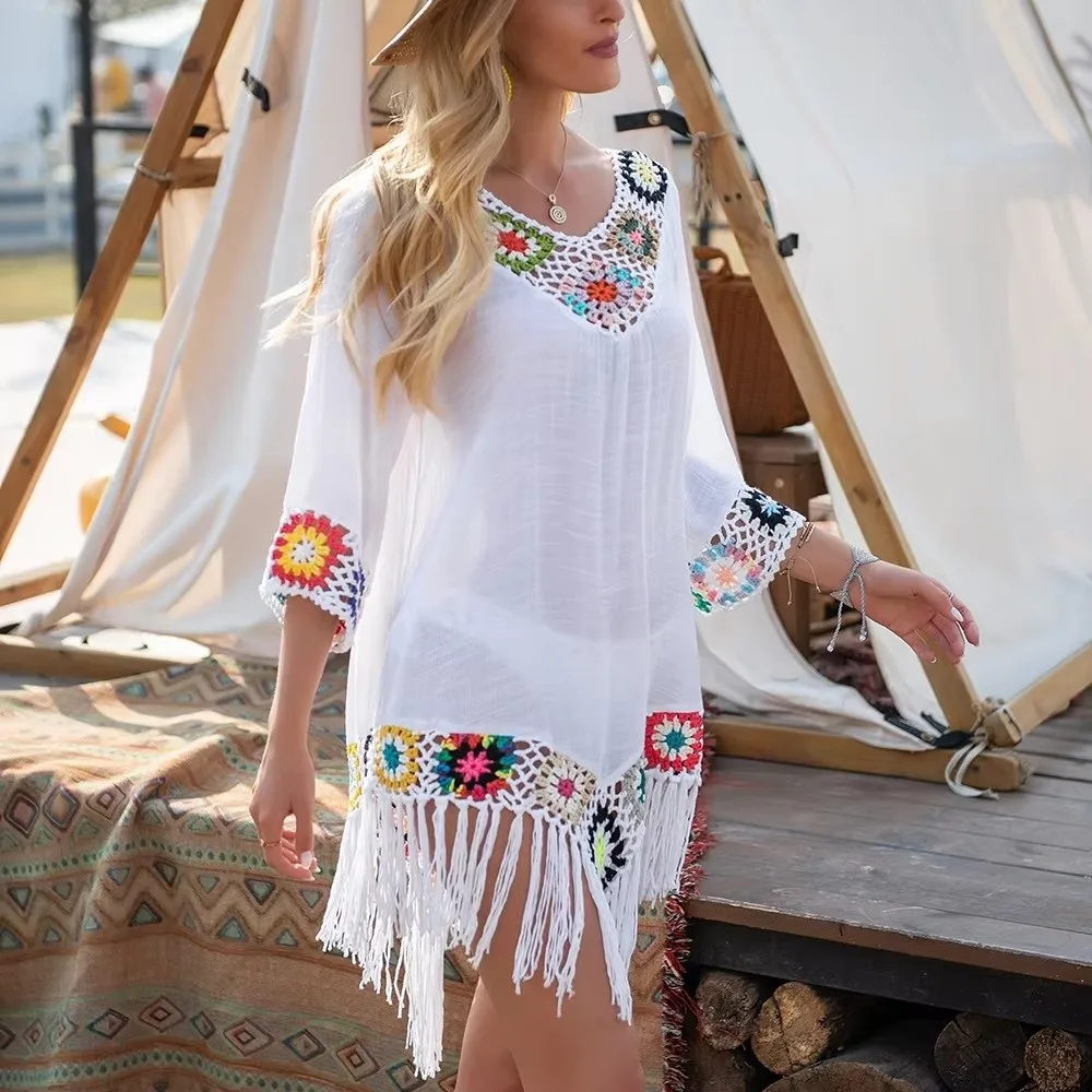 Cubrebañador bikini con flecos, diseño hueco y cuello en V crochet - imagen 3
