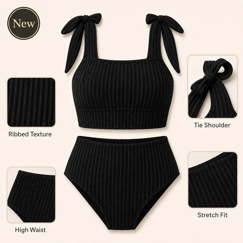 Bikini acanalado con tirantes ajustables, top corto y braguita alta