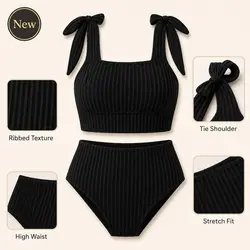 Bikini acanalado con tirantes ajustables, top corto y braguita alta
