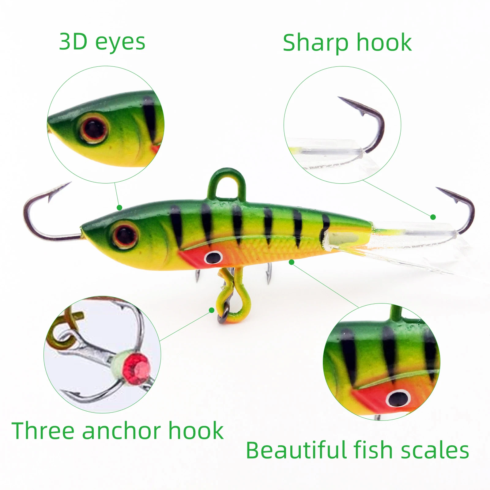 Señuelos de pesca de invierno con ojos 3D y colores vivos
