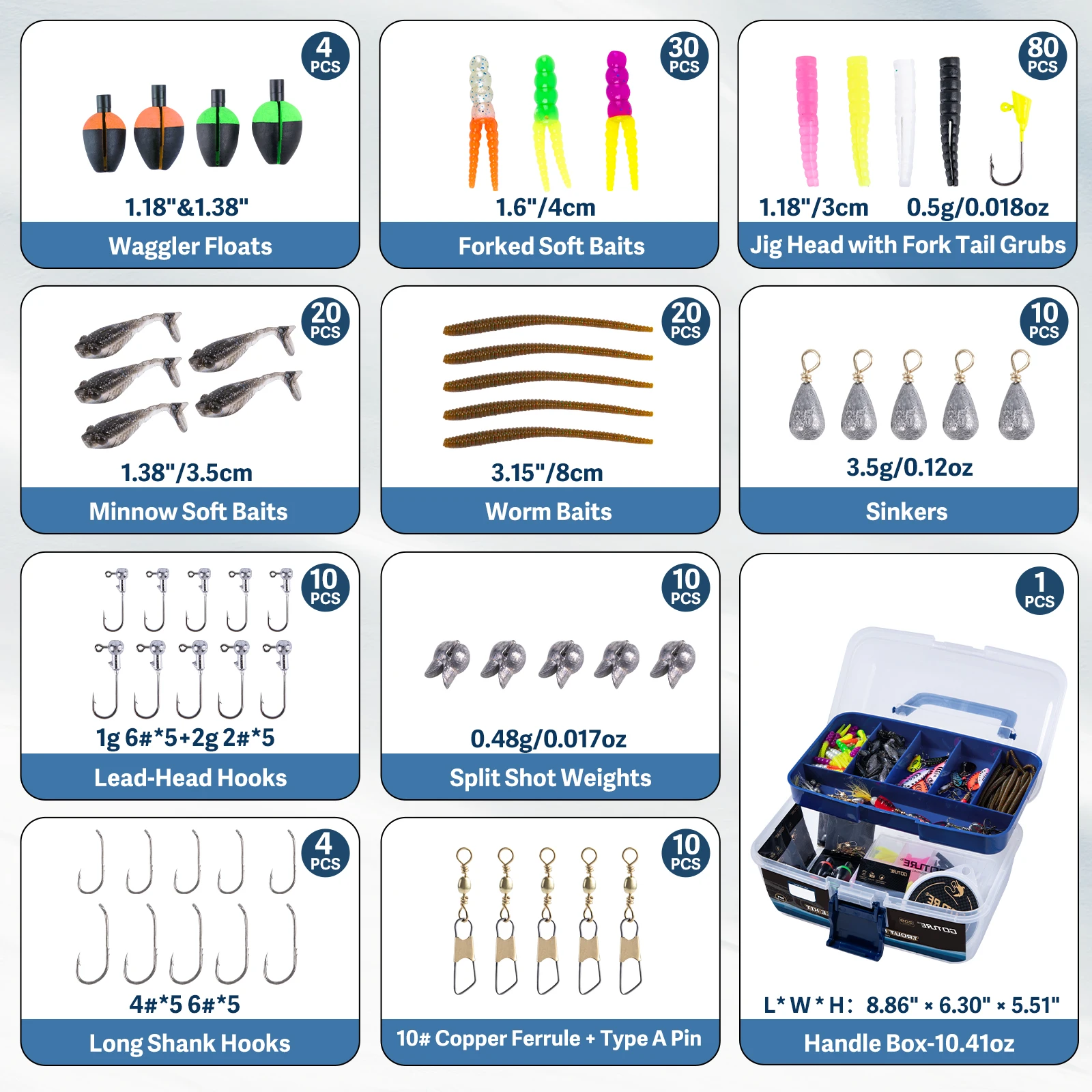 Detalle de señuelos y accesorios del kit completo