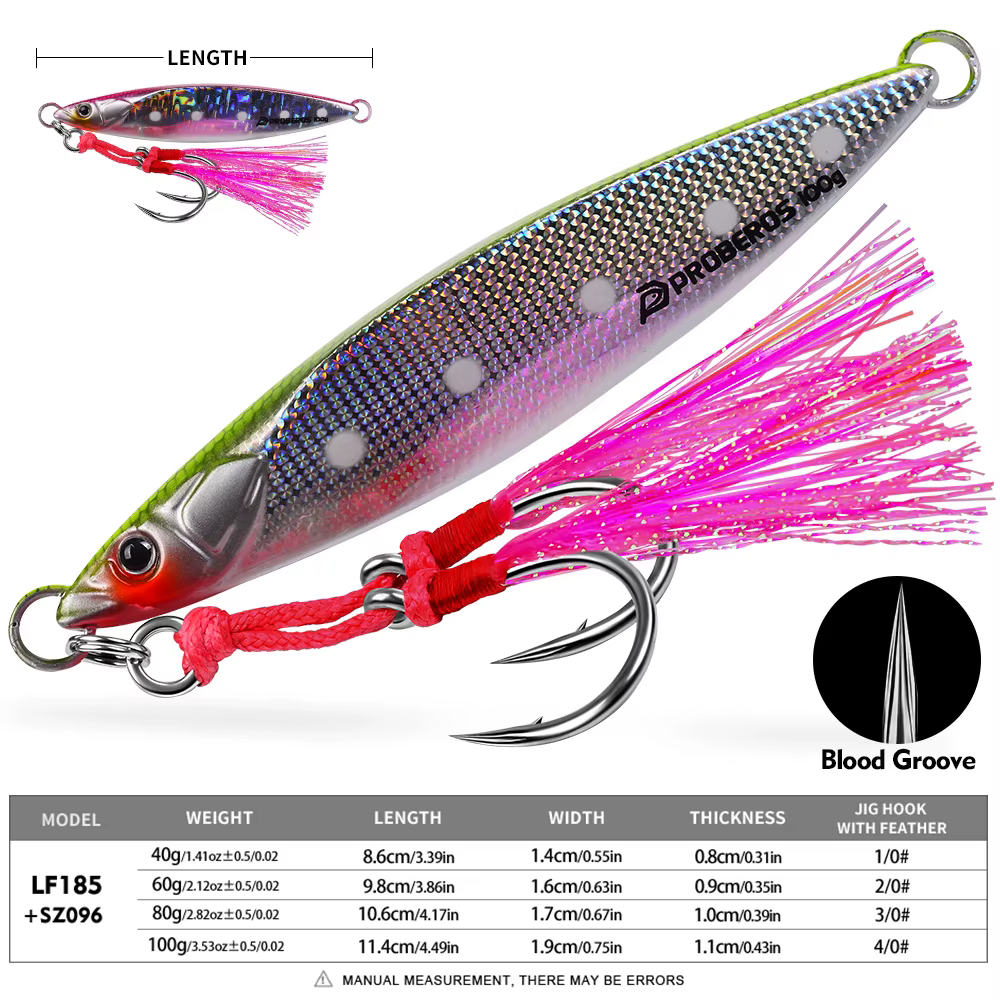 Jig Metálico Pro 40-100g con Pluma Luminosa – Lubina