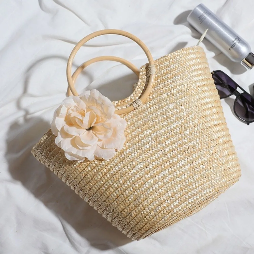Bolso de playa bohemio paja tejida ecológico con flores y asa superior - imagen 4
