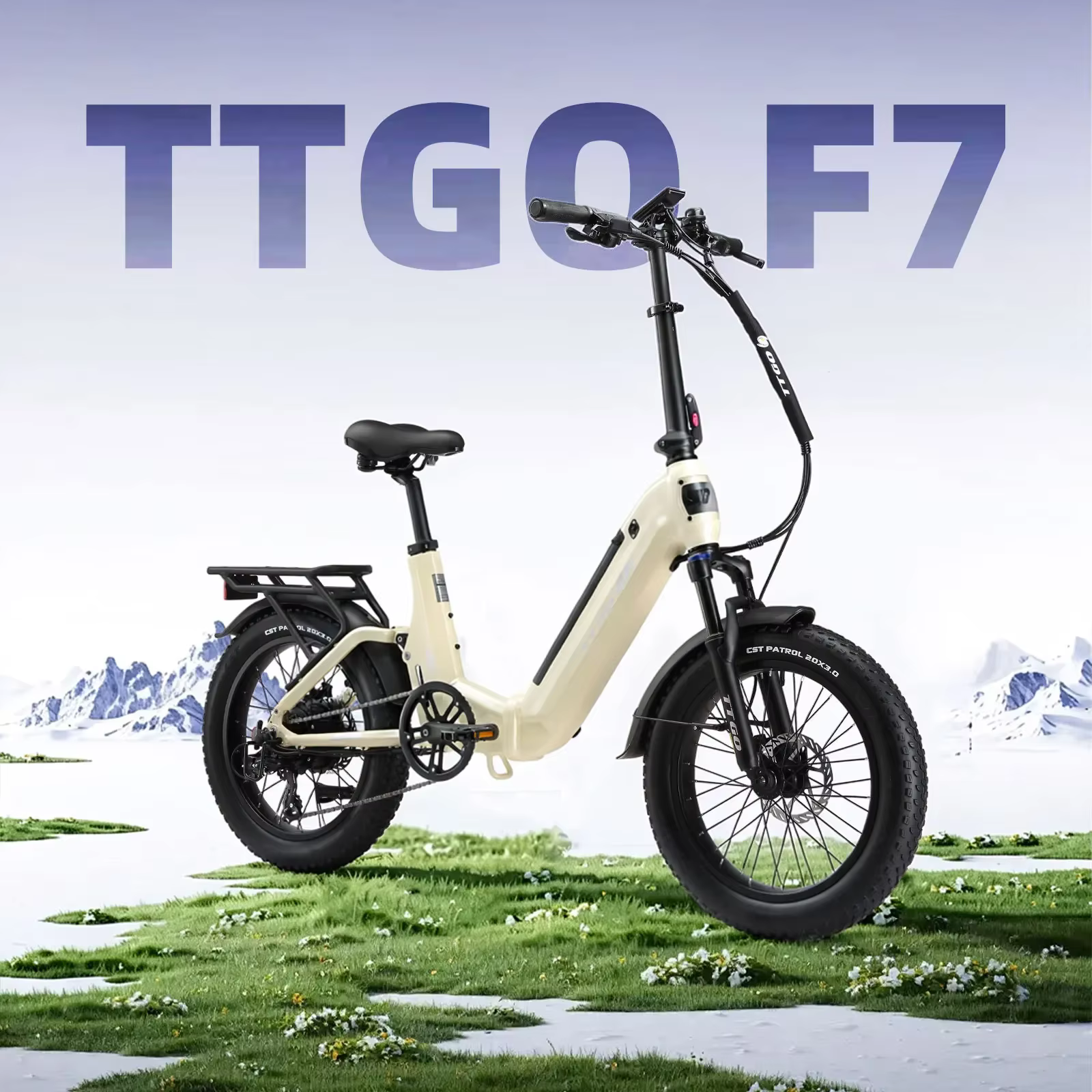 Vista lateral de la bicicleta eléctrica plegable TTGO F7 con neumáticos gruesos