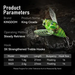 Señuelo topwater flotante Kingdom Cicada Bionic para lubina