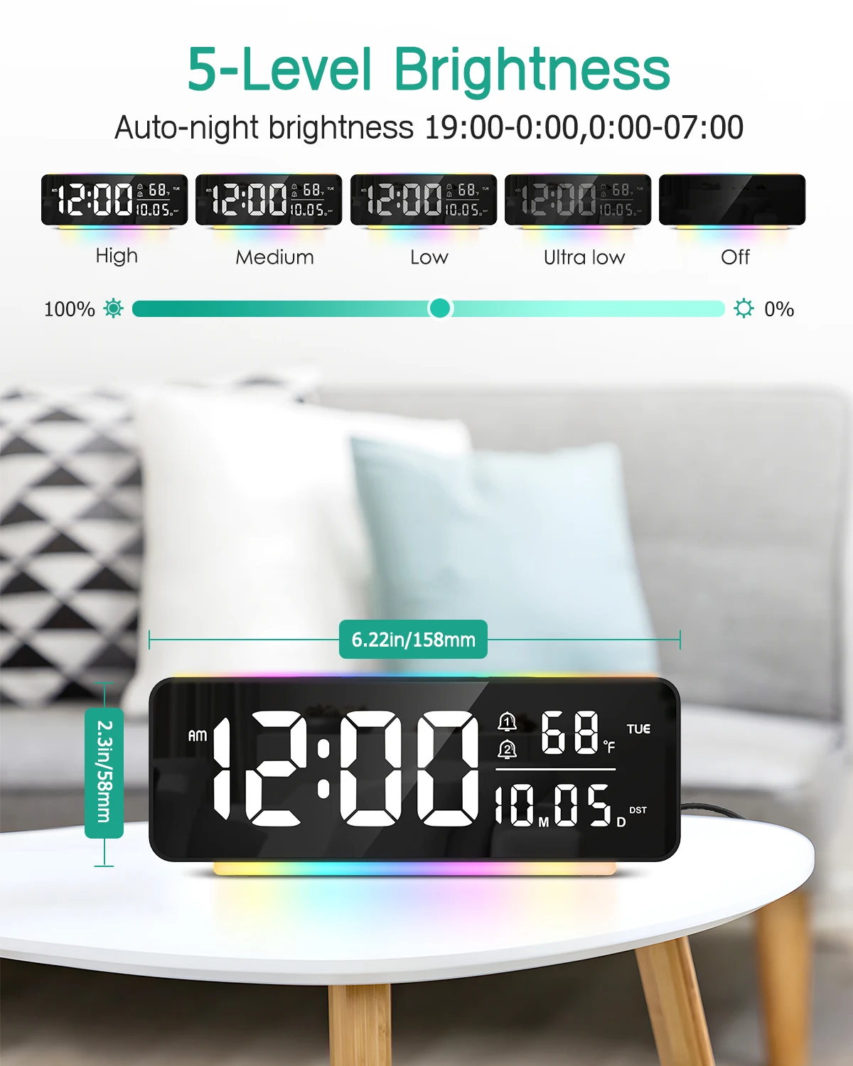 Reloj despertador LED enchufable con luz ambiental y temp/fecha - imagen 5