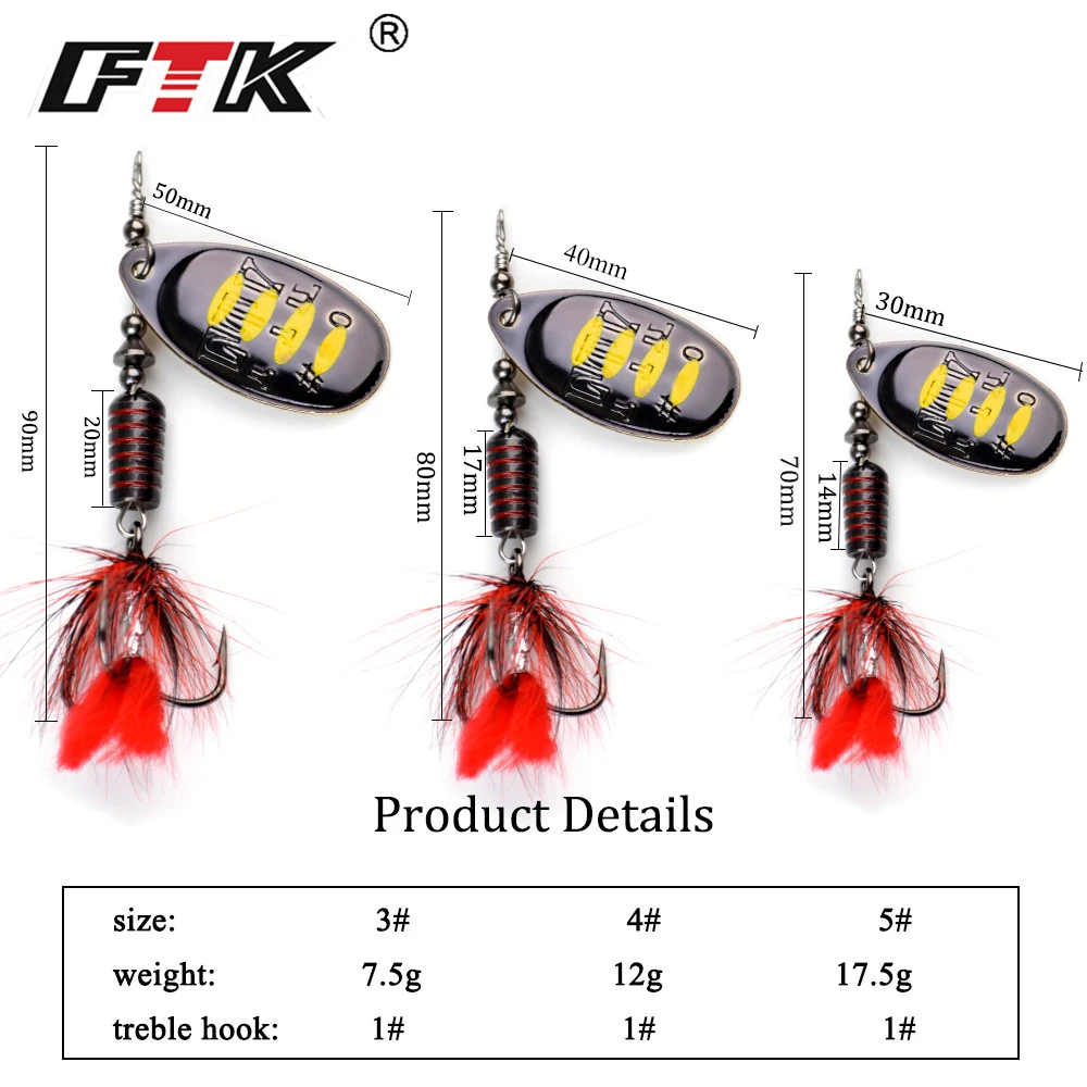 FTK Señuelo Giratorio Metal con Plumas - Anzuelos Triples de Pesca - imagen 4