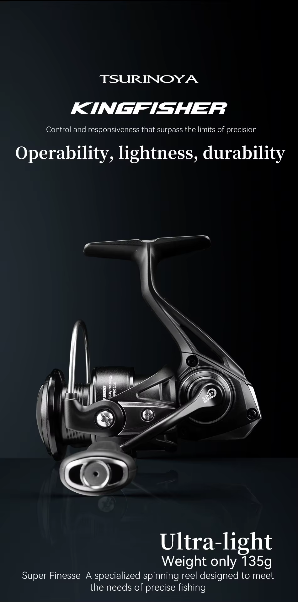 Carrete TSURINOYA KINGFISHER ultraligero en vista frontal