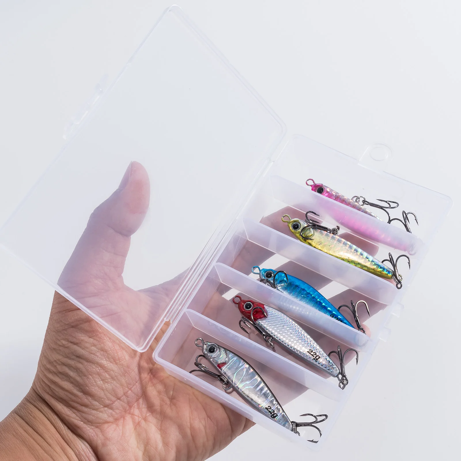 Pack de 5 señuelos metálicos con diferentes colores y pesos