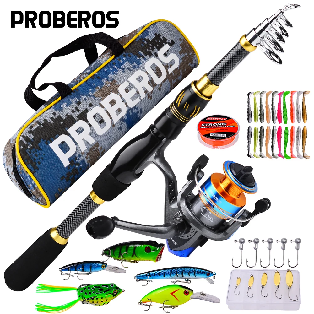 Proberos Combo pesca giratoria caña y carrete con bolsa de señuelos