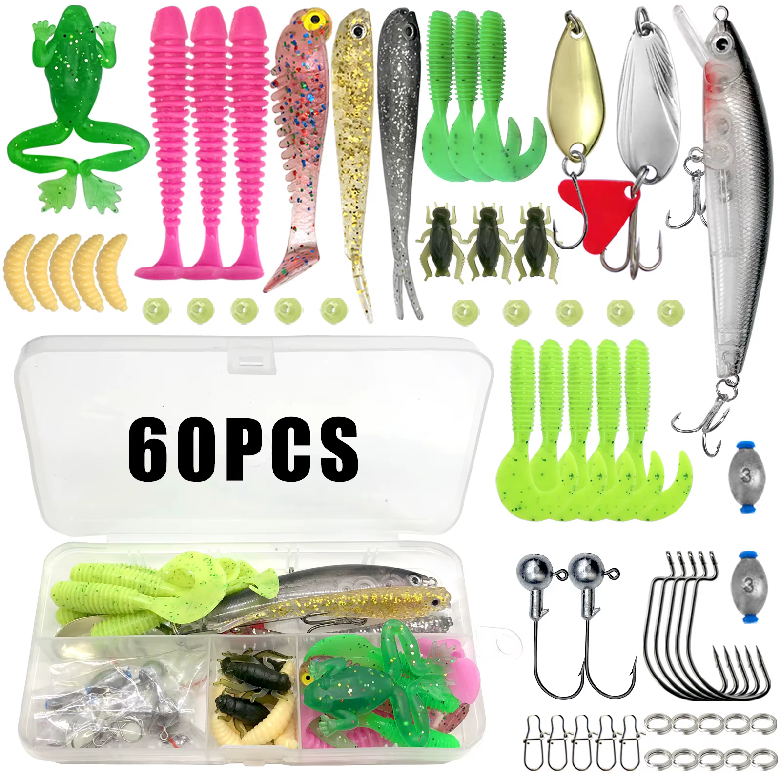 Variedad de señuelos y accesorios de pesca