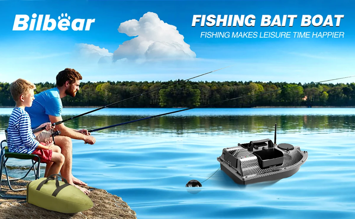 Barco de pesca RC negro con antenas y luces nocturnas