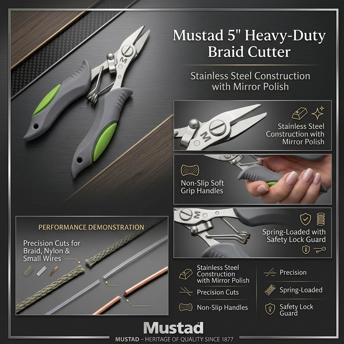 Tijeras de Pesca Mustad, cortador trenzas acero inoxidable con bloqueo - imagen 2