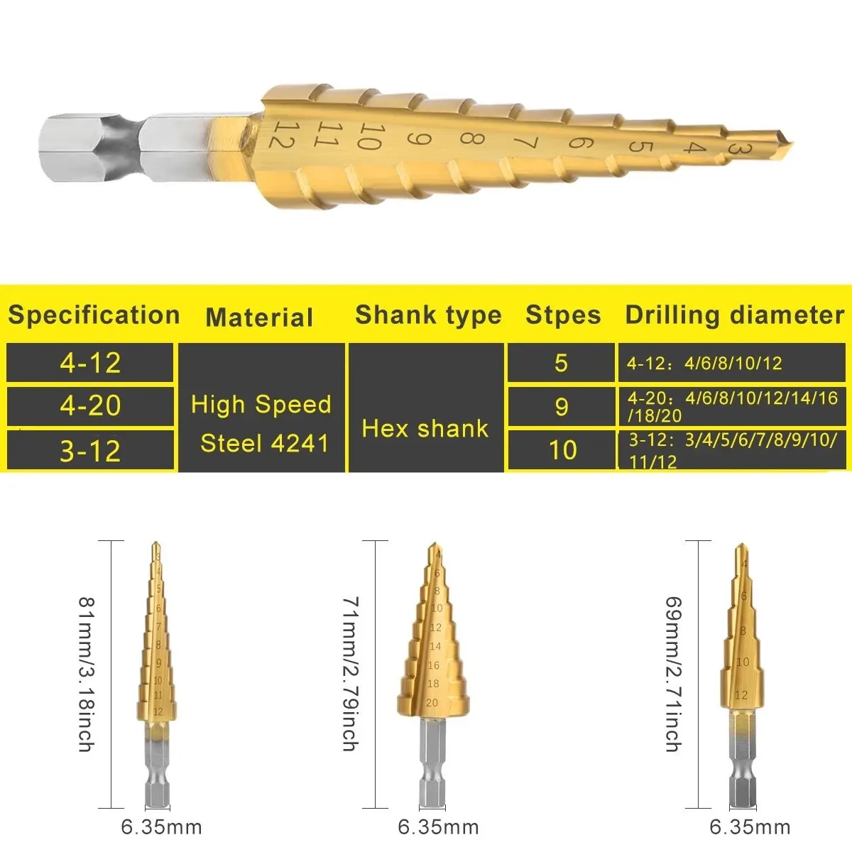 Broca escalonada HSS Pagoda 4-20mm - Vástago hexagonal para metal y madera - imagen 5