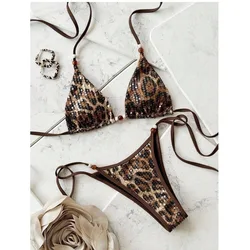 Bikini leopardo con espalda cruzada con cordones y pedrería