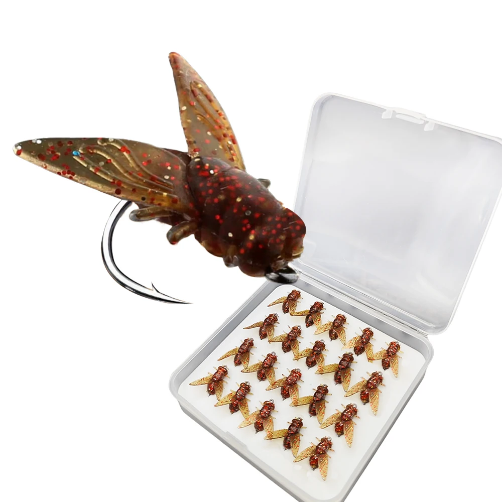 Señuelos de pesca realistas con forma de insecto sobre fondo claro