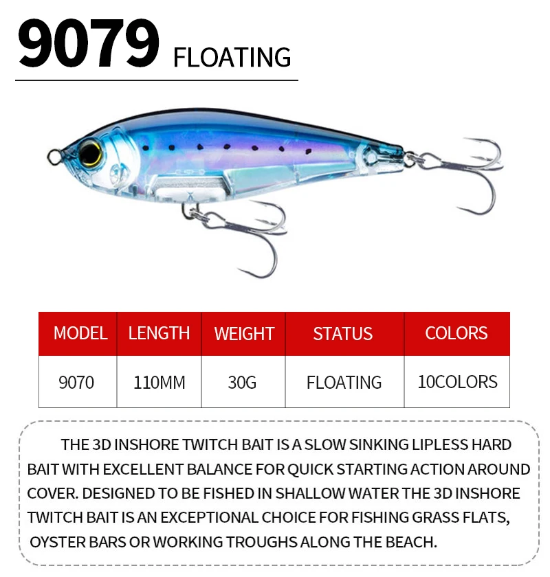 Señuelo flotante tipo lápiz con ojos 3D
