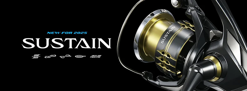 Vista lateral del carrete SHIMANO 25 SUSTAIN mostrando el cuerpo y el mango