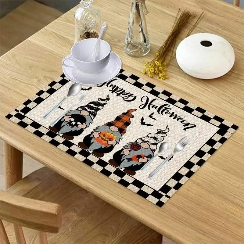 Mantel individual de lino a cuadros Halloween resistente al calor