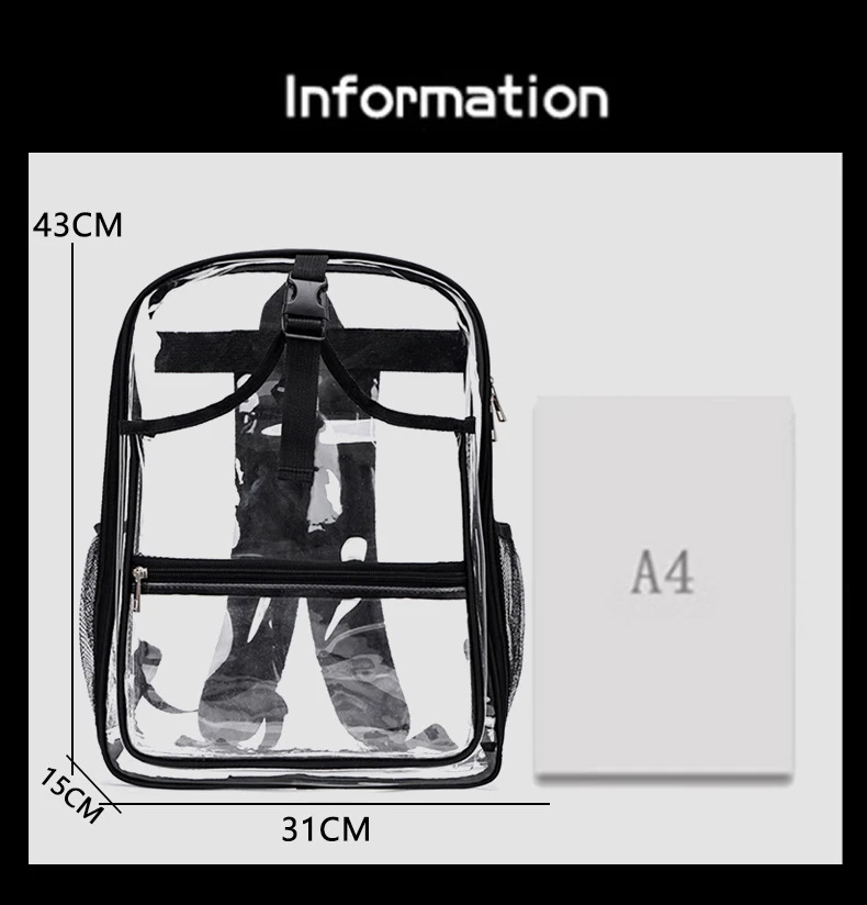 Vista frontal de la mochila transparente scione en color negro