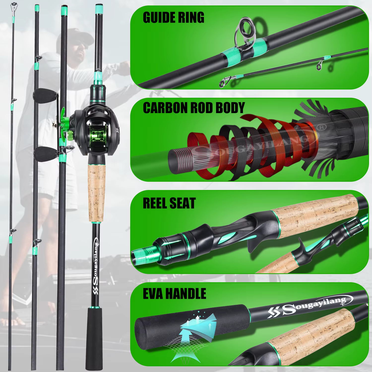 Sougayilang combo caña y carrete pesca fibra de carbono 7.2:1 aluminio - imagen 3