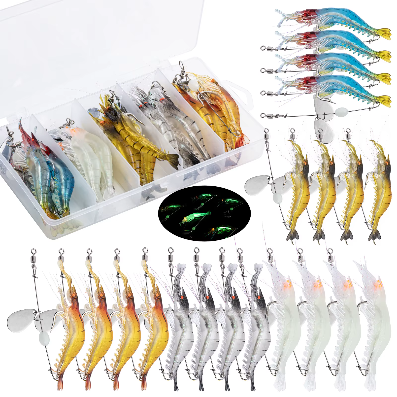 Cebo de pesca Goture con forma de camarón y cuentas luminosas