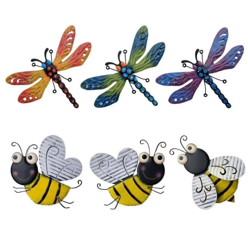 Escultura de jardín de hierro 3D libélula y abeja para exterior